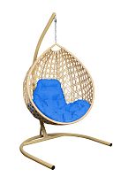 Подвесное кресло КАПЛЯ ЛЮКС с ротангом бежевое, голубая подушка