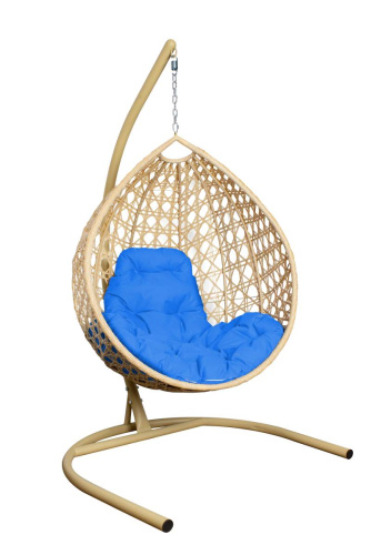 Подвесное кресло КАПЛЯ ЛЮКС с ротангом бежевое, голубая подушка - купить в интернет-магазине Diopt.ru