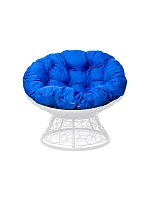 Кресло ПАПАСАН с ротангом белое, синяя подушка