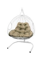 Подвесное кресло ДЛЯ ДВОИХ с ротангом белое, бежевая подушка