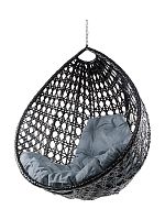 Подвесное кресло КАПЛЯ ЛЮКС с ротангом, чёрный, серая подушка (БЕЗ СТОЙКИ)