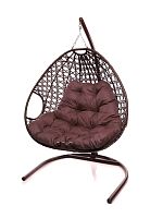 Подвесное кресло ДЛЯ ДВОИХ ЛЮКС с ротангом коричневое, бордовая подушка