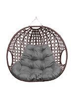 Подвесное кресло ДЛЯ ДВОИХ ЛЮКС, с ротангом, коричневый, серая подушка (БЕЗ СТОЙКИ)