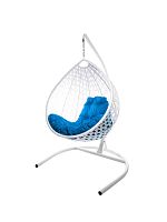 Подвесное кресло КАПЛЯ ЛЮКС с ротангом белое, синяя подушка