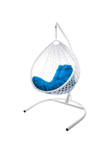 Подвесное кресло КАПЛЯ ЛЮКС с ротангом белое, синяя подушка - купить в интернет-магазине Diopt.ru