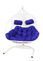 Подвесное кресло Добрыня  с ротангом белое, синяя  подушка (Ткань оксфорд)