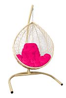 Подвесное кресло КАПЛЯ с ротангом бежевое, розовая подушка