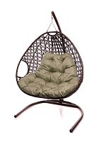 Подвесное кресло ДЛЯ ДВОИХ ЛЮКС с ротангом коричневое, бежевая подушка