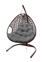Подвесное кресло ДЛЯ ДВОИХ ЛЮКС с ротангом коричневое, серая подушка