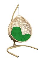Подвесное кресло КАПЛЯ ЛЮКС с ротангом бежевое, зелёная подушка