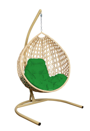 Подвесное кресло КАПЛЯ ЛЮКС с ротангом бежевое, зелёная подушка - купить в интернет-магазине Diopt.ru