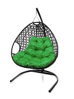 Подвесное кресло ДЛЯ ДВОИХ ЛЮКС с ротангом чёрное, зелёная подушка