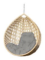 Подвесное кресло КАПЛЯ ЛЮКС с ротангом, бежевое, серая подушка (БЕЗ СТОЙКИ)