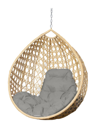 Подвесное кресло КАПЛЯ ЛЮКС с ротангом, бежевое, серая подушка (БЕЗ СТОЙКИ) - купить в интернет-магазине Diopt.ru