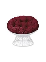 Кресло ПАПАСАН с ротангом белое, бордовая подушка
