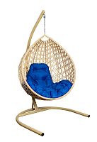 Подвесное кресло КАПЛЯ ЛЮКС с ротангом бежевое, синяя подушка