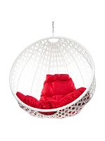 Подвесное кресло КРУГ ЛЮКС с ротангом, белый, красная подушка (БЕЗ СТОЙКИ)