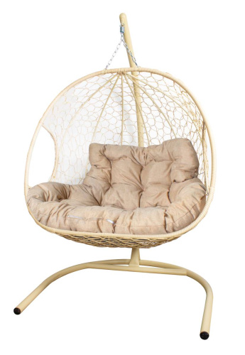 Подвесное кресло ДЛЯ ДВОИХ с ротангом бежевое, подушка Лен - купить в интернет-магазине Diopt.ru