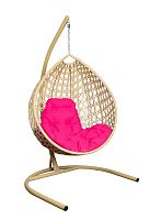 Подвесное кресло КАПЛЯ ЛЮКС с ротангом бежевое, розовая подушка