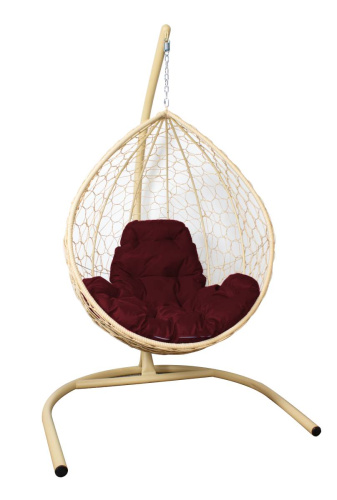 Подвесное кресло КАПЛЯ с ротангом бежевое, бордовая подушка - купить в интернет-магазине Diopt.ru