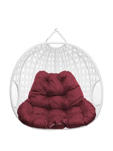 Подвесное кресло ДЛЯ ДВОИХ ЛЮКС, с ротангом, белый, бордовая подушка (БЕЗ СТОЙКИ) - купить в интернет-магазине Diopt.ru