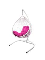 Подвесное кресло КАПЛЯ ЛЮКС с ротангом белое, розовая подушка