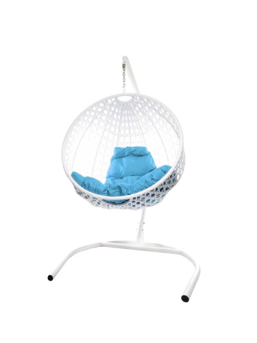 Подвесное кресло КРУГ ЛЮКС с ротангом белое, голубая подушка - купить в интернет-магазине Diopt.ru