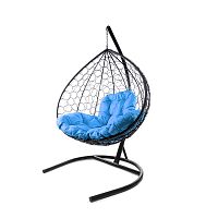 Подвесное кресло XL с ротангом чёрное, голубая подушка