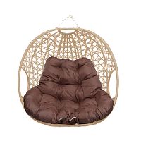 Подвесное кресло ДЛЯ ДВОИХ ЛЮКС, с ротангом, бежевое, коричневая подушка (БЕЗ СТОЙКИ)