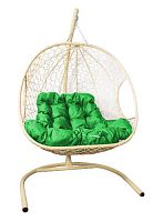 Подвесное кресло ДЛЯ ДВОИХ с ротангом бежевое, зелёная подушка