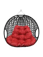 Подвесное кресло ДЛЯ ДВОИХ ЛЮКС, с ротангом, чёрный, красная подушка (БЕЗ СТОЙКИ)