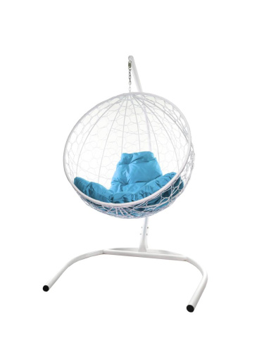 Подвесное кресло КРУГ с ротангом белое, голубая подушка - купить в интернет-магазине Diopt.ru