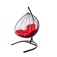 Подвесное кресло XL с ротангом чёрное, красная подушка