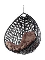 Подвесное кресло КАПЛЯ ЛЮКС с ротангом, чёрный, коричневая подушка (БЕЗ СТОЙКИ)