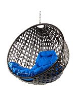 Подвесное кресло КРУГ ЛЮКС с ротангом, коричневый, синяя подушка (БЕЗ СТОЙКИ)