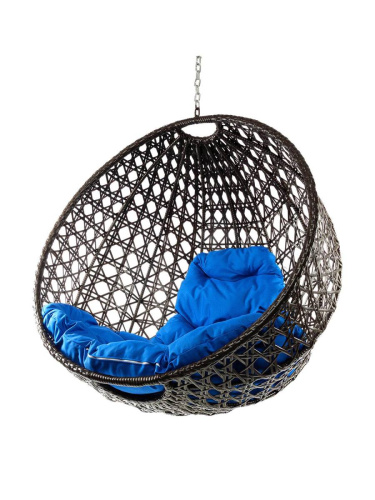 Подвесное кресло КРУГ ЛЮКС с ротангом, коричневый, синяя подушка (БЕЗ СТОЙКИ) - купить в интернет-магазине Diopt.ru