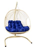 Подвесное кресло ДЛЯ ДВОИХ с ротангом бежевое, синяя подушка