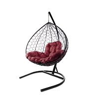 Подвесное кресло XL с ротангом чёрное, бордовая подушка