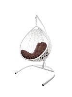 Подвесное кресло КАПЛЯ ЛЮКС с ротангом белое, коричневая подушка