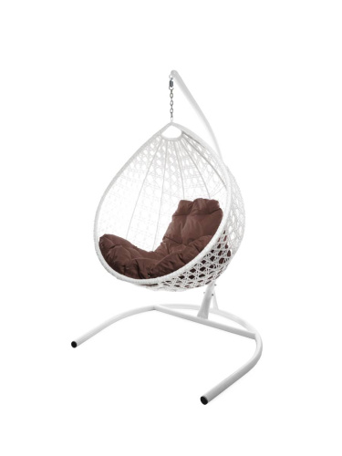 Подвесное кресло КАПЛЯ ЛЮКС с ротангом белое, коричневая подушка - купить в интернет-магазине Diopt.ru